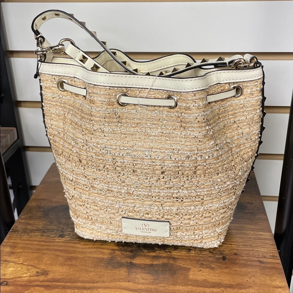 Valentino Tan Woven Bucket Bag with Studded Trim
